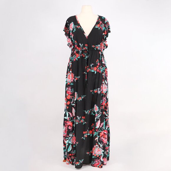 NWT NEW YORK & COMPANY Black Floral Flutter Sleeve Maxi Dress V-Neck Size XL - Picture 1 of 7